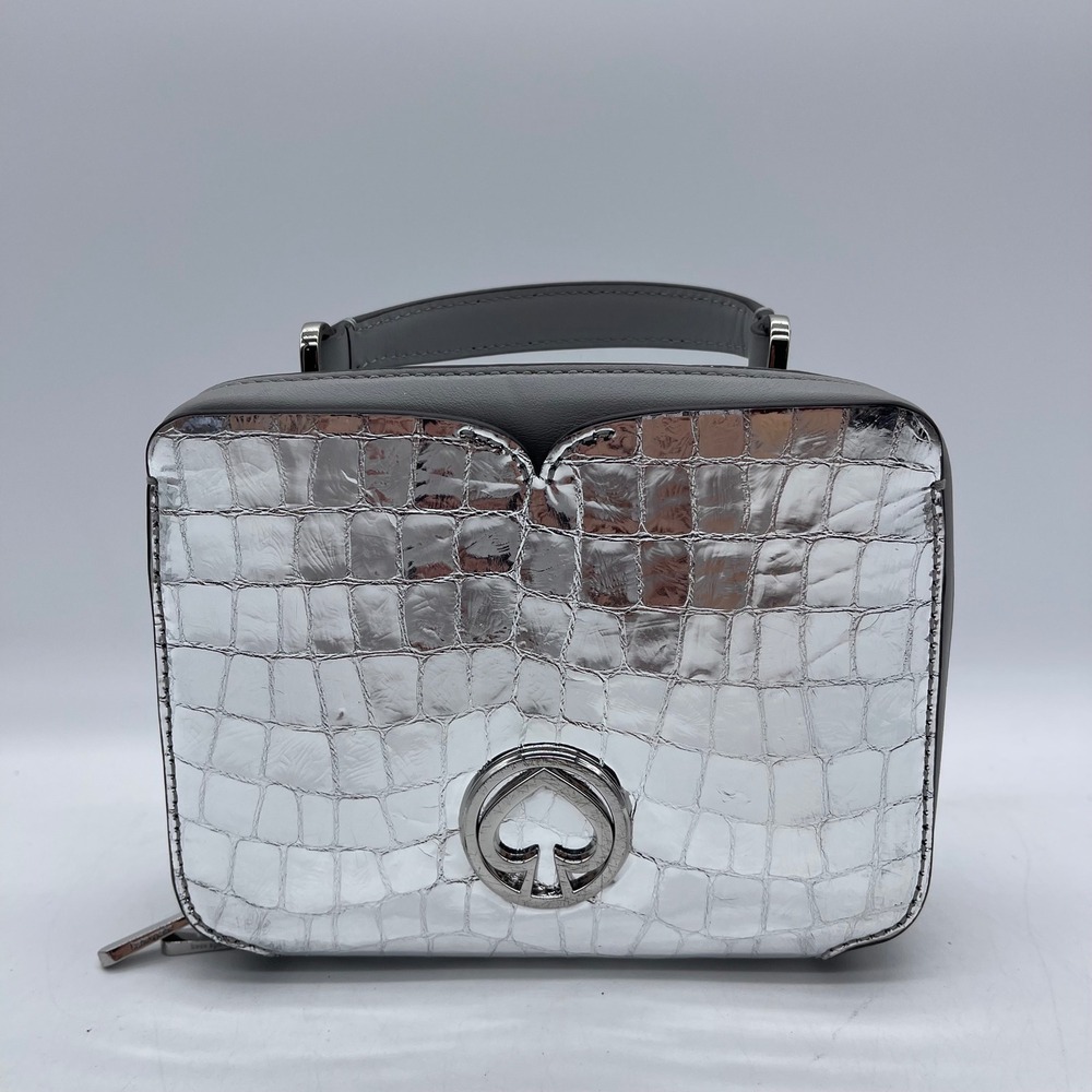 Kate Spade PXRUA754 Vanity Metallic Croc Embossed Mini Top Handle Silver Bag